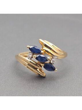10k Gold Ring Size 7 3 Marquise Sapphire & 2 Diamond Accents Signed Cardow